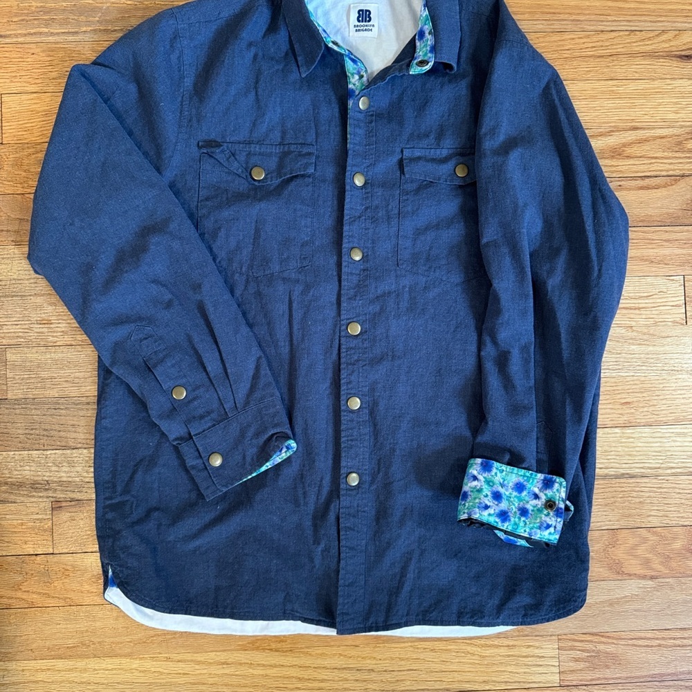 Dark Blue Shirt with Floral Cuffs